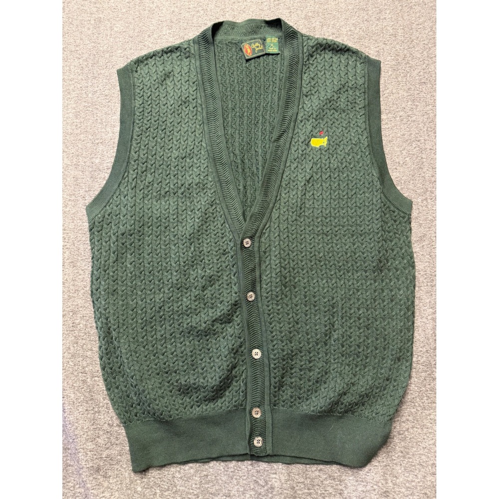 Bobby Jones Masters Green Cable Knit Cardigan Vest Mens XL  Cotton Golf V-Neck